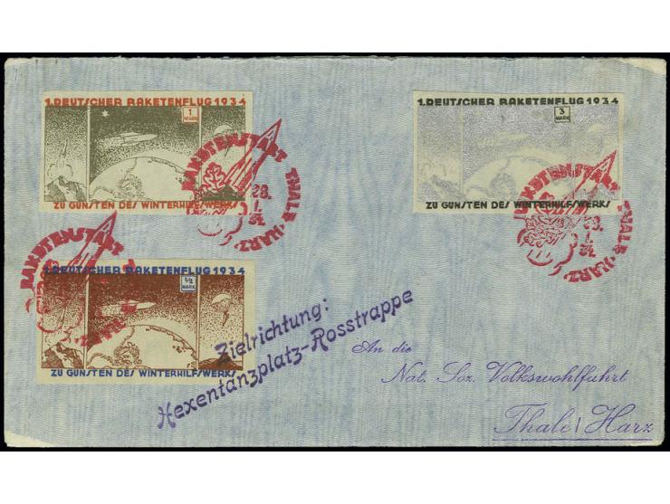 DEUTSCHLAND: 1934 Hexentanzplatz 28.1., Brief mit ½ bis 3 M. geschnitten mit jeweils rotem Sonderstempel "RAKETENSTART THALE 