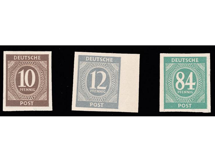 10, 12 und 84 Pfg. ungezähnt, 12 Pfg. vom rechten Bogenrand, postfrisch, 10 Pfg. Haftstelle, 10 und 84 Pfg. sign. Schlegel BP