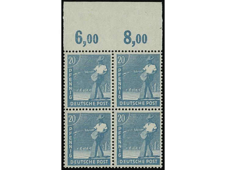 20 Pfg. grünlichblau, postfrischer 4er-Block vom Oberrand, nicht durchgezähnt, eine Marke im Rand leichte Stockfleckchen, Far