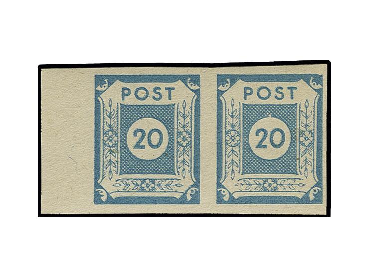 20 Pfg. lebhaftpreußischblau im waagerechten Paar vom linken Bogenrand, postfrisch mit leichtem Farbabklatsch, sign. Leonhard