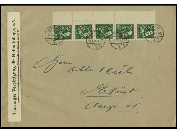 THÜRINGEN: 1945, 6 Pfg. dunkelgrün, nur waagerecht gezähnt im senkrechten 5er-Streifen vom linken Rand und Stempel "ERFURT 5.