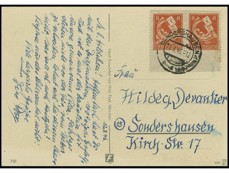 8 Pfg. rotorange, waagerechtes Paar vom Unterrand, nur senkrecht gezähnt mit Stempel "SONDERSHAUSEN 13.3.46" auf überfrankier