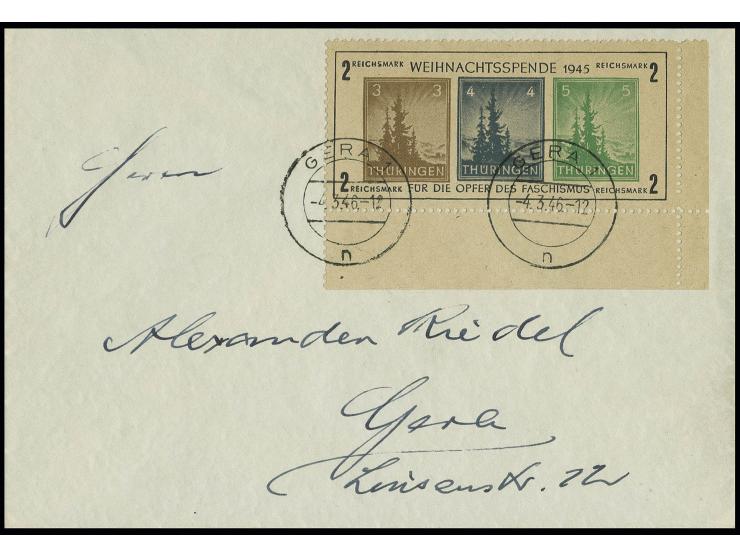1945, Antifa-Block auf grauem Papier, Type VI aus der rechten unteren Bogenecke mit Stempel "GERA 4.3.46" auf überfrankiertem