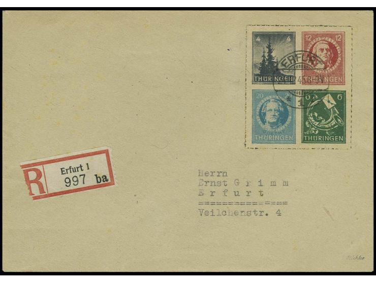 Herzstück 4-20 Pfg. aus Weihnachts-Block mit Stempel "ERFURT 24.12.45" auf um 4 Pfg. überfrankiertem Einschreibe-Ortsbrief mi