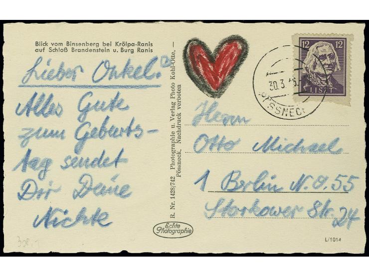 12 Pfg. durchstochen aus Theater-Block mit Stempel "PÖSSNECK 30.3.46" als portogerechte Einzelfrankatur auf Postkarte nach Be