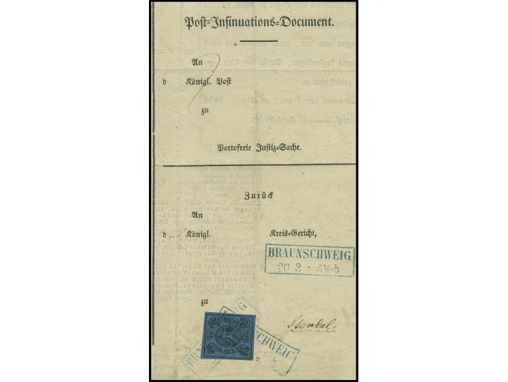 2 Silbergroschen auf blau, voll- bis breitrandig, mit kreuzweise aufgesetztem Ra2 "BRAUNSCHWEIG 20 3" (1856) auf Vorderseite 