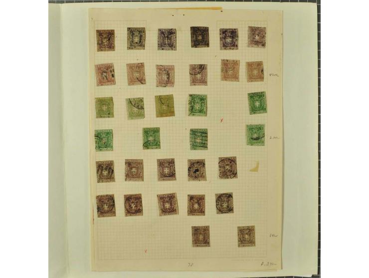 1851/60, überwiegend gestempelte Partie mit Mi.-Nr. 2y (Paar) auf Streifband, Nr. 22 ungebraucht ohne Gummi (beide Attest Hun