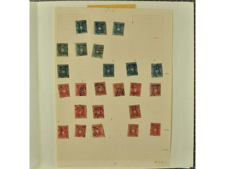 1851/60, überwiegend gestempelte Partie mit Mi.-Nr. 2y (Paar) auf Streifband, Nr. 22 ungebraucht ohne Gummi (beide Attest Hun