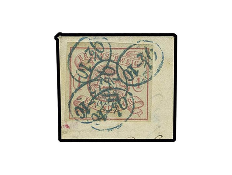 1 Silbergroschen karmin, voll- bis meist breitrandig, mit höchst ungewöhnlicher Entwertung durch 5mal aufgesetzten blauen Stu