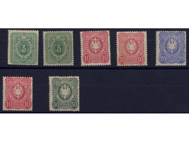 1875/77, 7 meist ungebrauchte Werte, dabei Mi.-Nr. 38b (Fotoattest Zenker BPP)