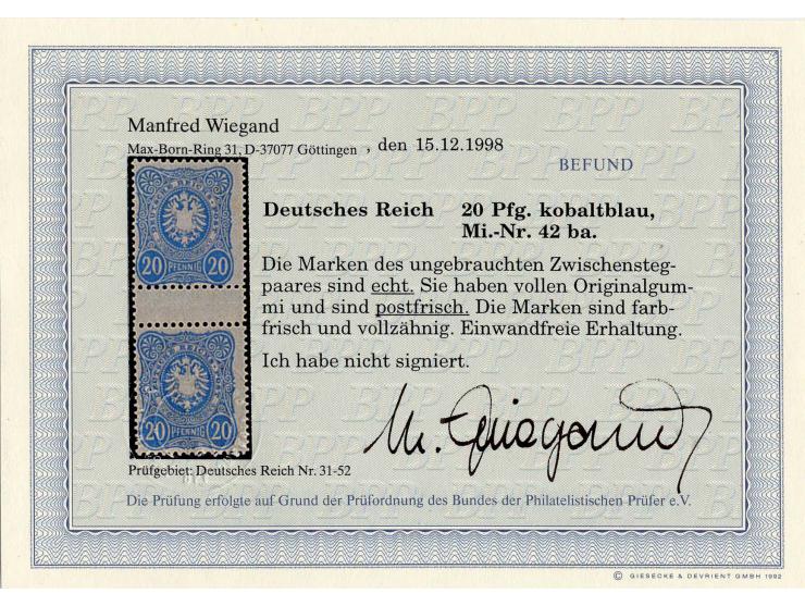 1889, Mi.-Nr. 41abI, 41bI, 42BaI, 45c und e jeweils im senkrechten Zwischenstegpaar, postfrisch, teils zwischen Marke und Ste