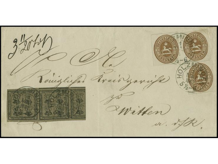 10/4 Gutegroschen auf graubraun, breitrandig geschnitten, in Mischfrankatur mit 1865, 3 Silbergroschen braun, 3 Einzelwerte, 