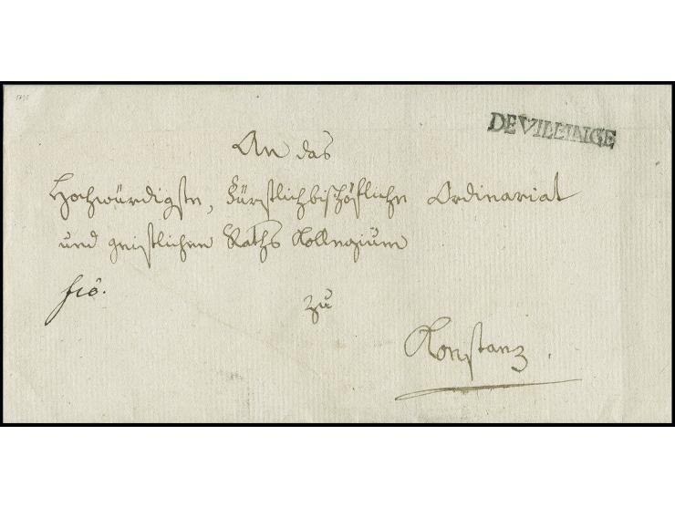 "DE VILLINGE", L1 sehr sauber auf gesiegelter Briefhülle an das fürstbischöfliche Ordinariat in Konstanz; durch den Stempel l