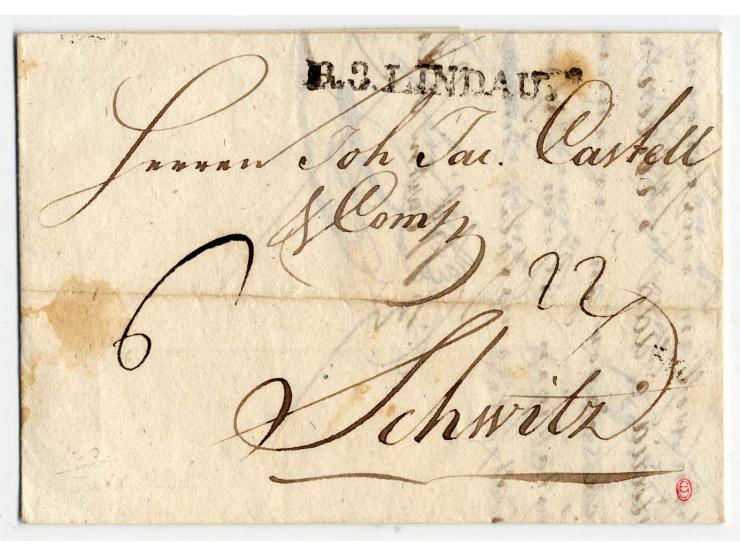 "Waldshut", Schreibschrift-L1 auf reparierter Briefhülle nach Konstanz sowie "WALDSHUT. R.2." als Transitstempel rückseitig a