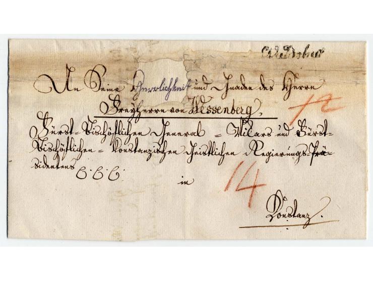 "Waldshut", Schreibschrift-L1 auf reparierter Briefhülle nach Konstanz sowie "WALDSHUT. R.2." als Transitstempel rückseitig a