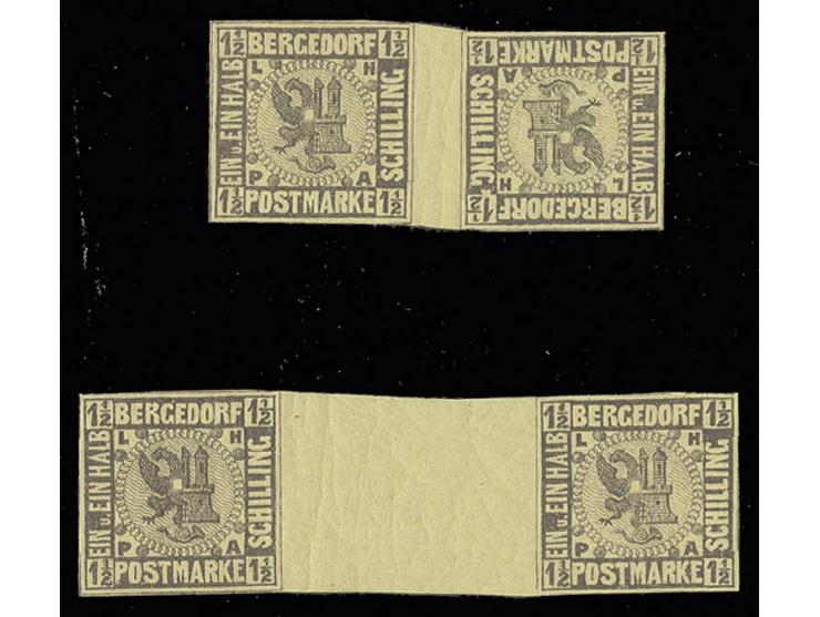 1½ Sch. auf gelb im waagerechten Zwischenstegpaar und Zwischensteg-Kehrdruckpaar, beide postfrisch, Kabinett, unsign., je Fot