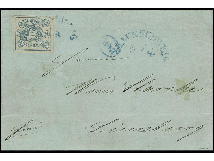 1852, 2 Sgr. preußischblau, allseits breitrandig mit Halbkreisstempel "BRAUNSCHWEIG 5/4" auf Briefhülle nach Lüneburg; auf de