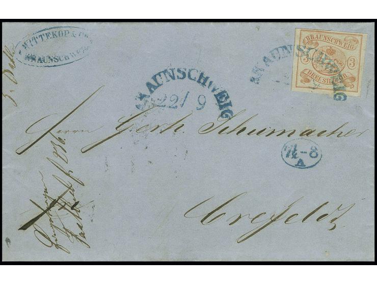 3 Sgr. orangerot, voll- bis überrandig mit blauem Halbkreisstempel "BRAUNSCHWEIG 22/9" (1855) mit nebengesetztem Stundenstemp