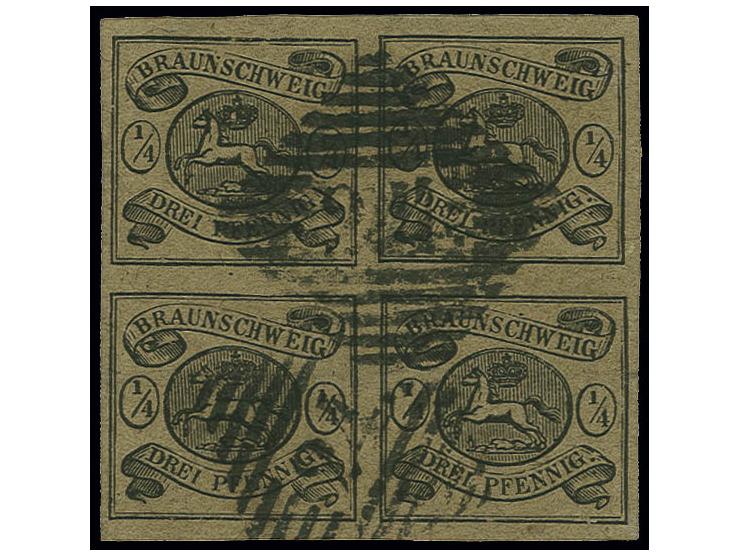 1853, ¼ Ggr. auf braun im 4er-Block, allseits breitrandig mit 2mal sauber aufgesetzter Nr. "24" HOLZMINDEN, Kabinett, eine re