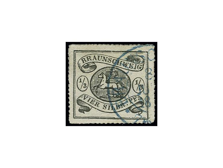 1864, 1/3 Sgr. schwarz mit allseits tadellosem Durchstich und schön zentriert, sauberer blauer DKr. von Braunschweig, Kabinet