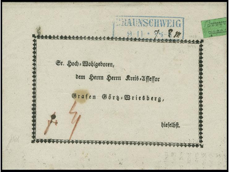 1856, "BRAUNSCHWEIG 9 11", klarer Ra2 (Uhrzeit handschriftlich geändert) auf gedruckter Briefhülle mit gedrucktem kpl. Inhalt