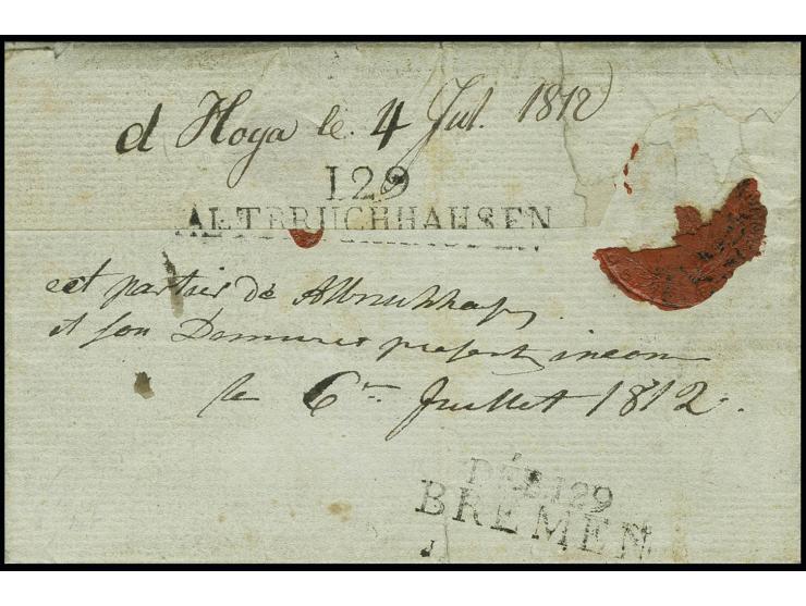 1812, "DEB. 129 / BREMEN" und "129 / ALTBRUCHHAUSEN", beide sauber abgeschlagen rückseitig auf kpl. Brief von "131 / MUNSTER 