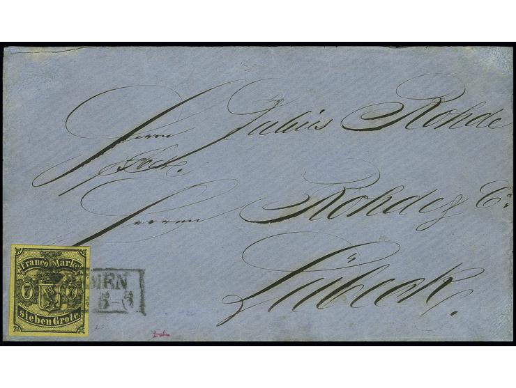 1860, 7 Gr. auf gelb, farbfrisch und allseits gut gerandet mit Ra2 "BREMEN 30 12" auf Briefkuvert nach Lübeck aus der bekannt