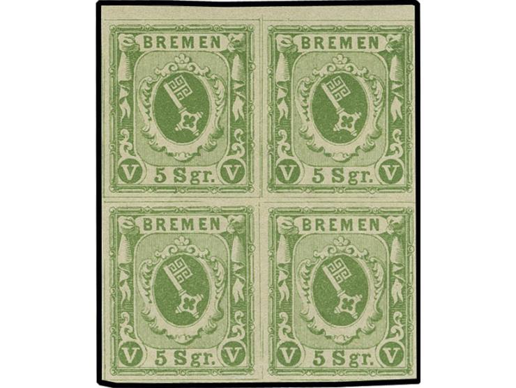 1859, 5 Sgr. gelbgrün im Oberrand-4er-Block, allseits breitrandig, postfrisch in tadelloser Erhaltung, Luxus, sign. Pfenninge