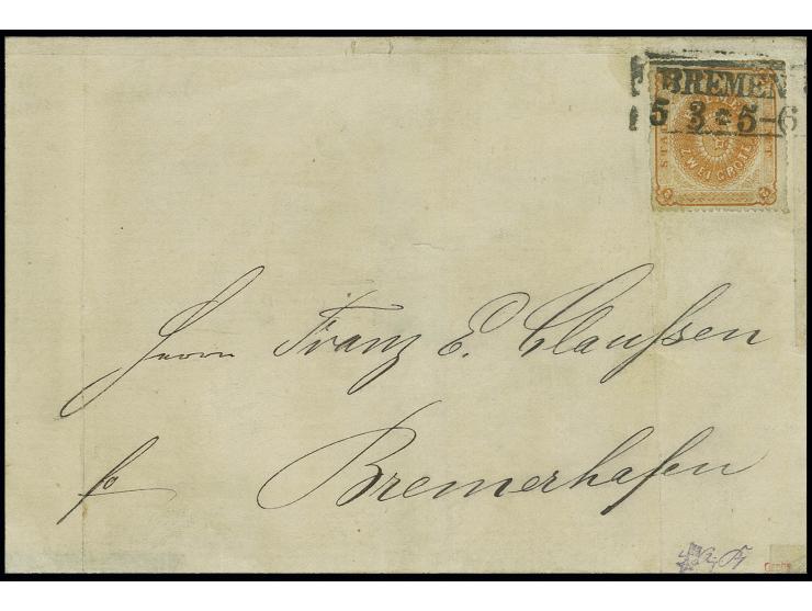 1861/64, durchstochen: 2 Gr. gelborange, farbfrisch und mit gutem Durchstich, mit sauberem Ra2 "BREMEN 5 3" auf Briefhülle de