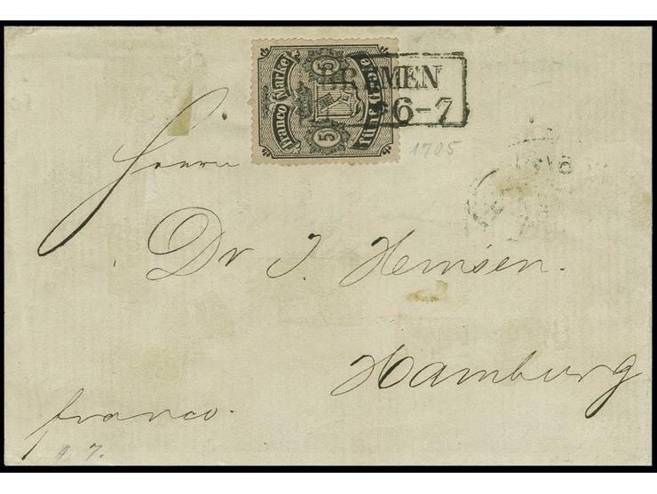 1862, 5 Gr. auf mattgraubraun, farbfrisch und einwandfrei durchstochen, sehr schön zentriert mit sauberem Ra2 "BREMEN 11 9" a