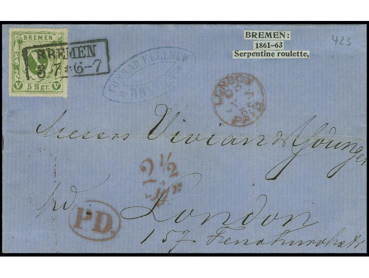 1863, 5 Sgr. grün, farbfrisch und gut durchstochen mit klarem Ra2 "BREMEN 3 7" (1865) auf kpl. Faltbrief nach London, bis auf