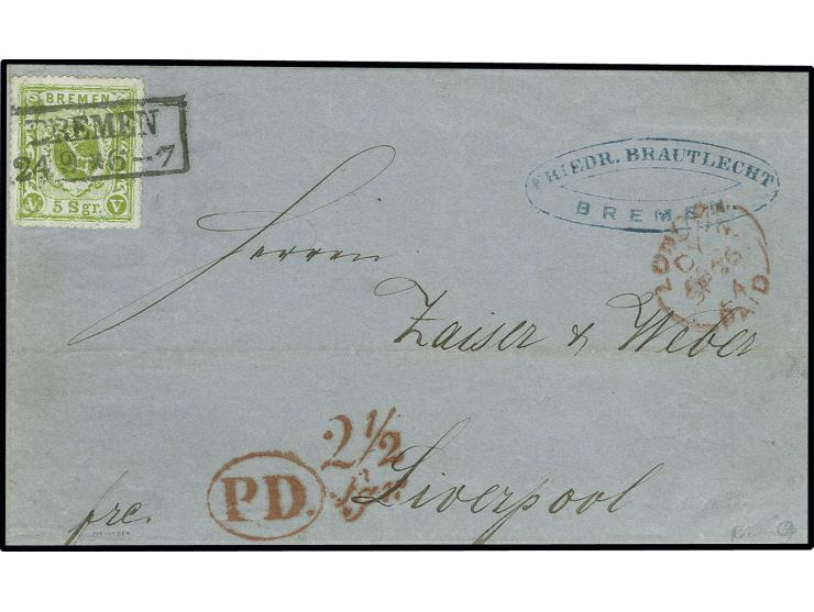 5 Sgr. gelblichgrün auf gestreiftem Papier, farbfrisch und gut durchstochen, mit sauberem Ra2 "BREMEN 24 9" (1864) auf Briefh