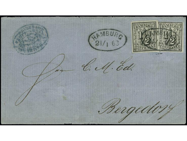 1859, geschnitten: ½ Sch. schwarz, 2 Einzelwerte, beide voll- bis sehr breitrandig mit Ovalstempel "HAMBURG 21/1 63", zusätzl
