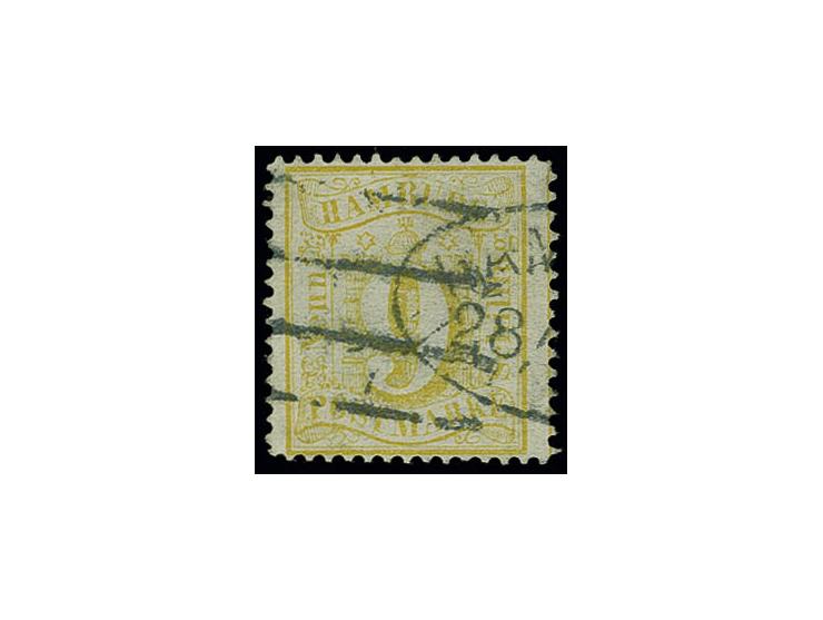 9 Sch. gelb, farbfrisch und gut gezähnt mit Doppelentwertung durch Strich- sowie Ovalstempel, oben rechts leichte Eckbugspur,