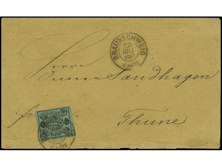 1/3 Groschen auf grün, voll- bis meist breitrandig mit sauber auf- sowie nebengesetztem DKr. "BRAUNSCHWEIG 23 JULI 1867" auf 