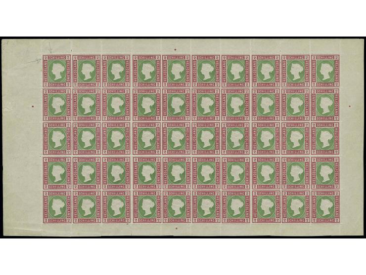 1867/73, 2 Sch. lilakarmin/dunkelgelblichgrün, vollständiger Bogen von 50 Marken mit Plattenfehler auf Feld 1, postfrisch in 