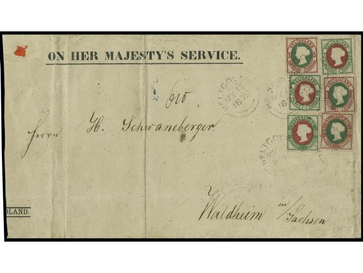1875, 1-50 Pfg. kpl. mit Rundstempel "HELIGOLAND MY 17 1875" auf links nicht kpl. großformatigem Umschlag "ON HER MAJESTY'S S