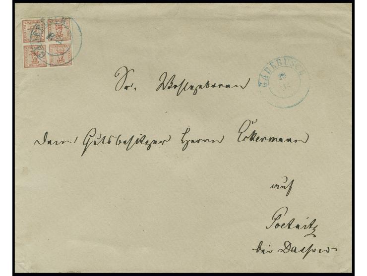 1856, 4/4 Sch. graurot, voll- bis breitrandig mit klarem blauem DKr. "GADEBUSCH 28 12", zusätzlich nebengesetzt, auf Briefkuv