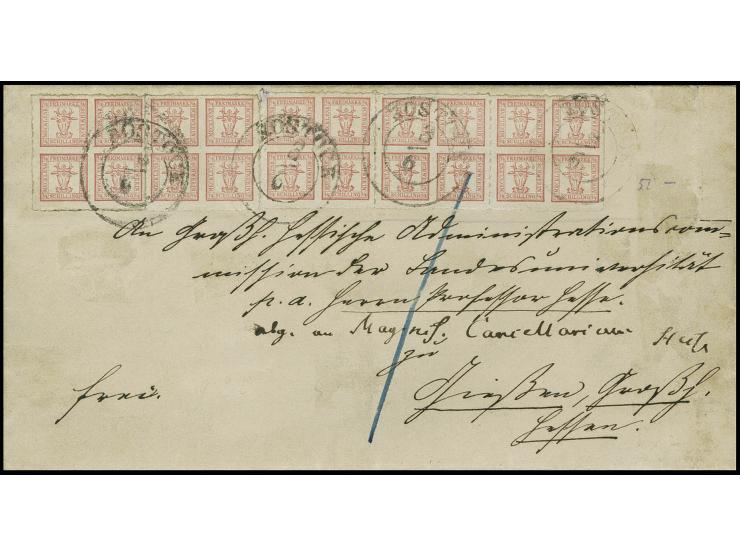 1864, weißer Grund: 4/4 Sch. lebhaftbräunlichrot, waagerechter 3er-Streifen und 2 Einzelstücke als korrekte 5 Sch.-Frankatur 