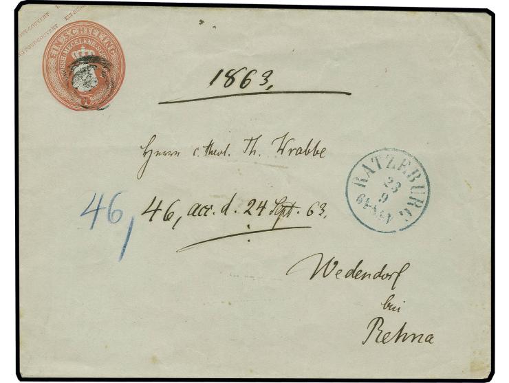 "150", dänischer Nummernstempel, wie üblich schlecht abgeschlagen auf Umschlag 1 Sch. rot mit sauber nebengesetztem blauem EK