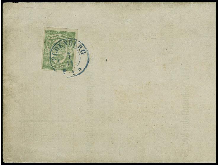 1861, 1/3 Gr. bläulichgrün, sehr schön farbfrisch und allseits außerordentlich breitrandig geschnitten mit klarem blauem DKr.