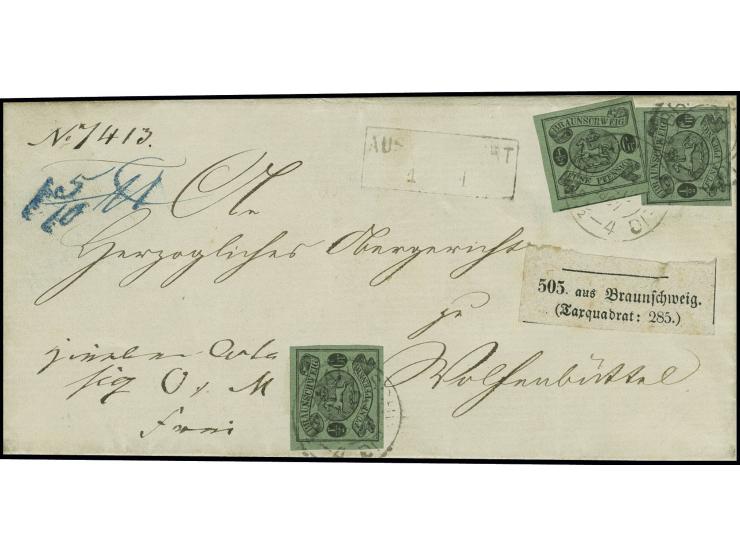 ½ Groschen auf grün, 3 Einzelwerte, alle voll- bis meist breitrandig mit DKr. "BRAUNSCHWEIG 31 DEC 1867" auf Paketbegleitbrie