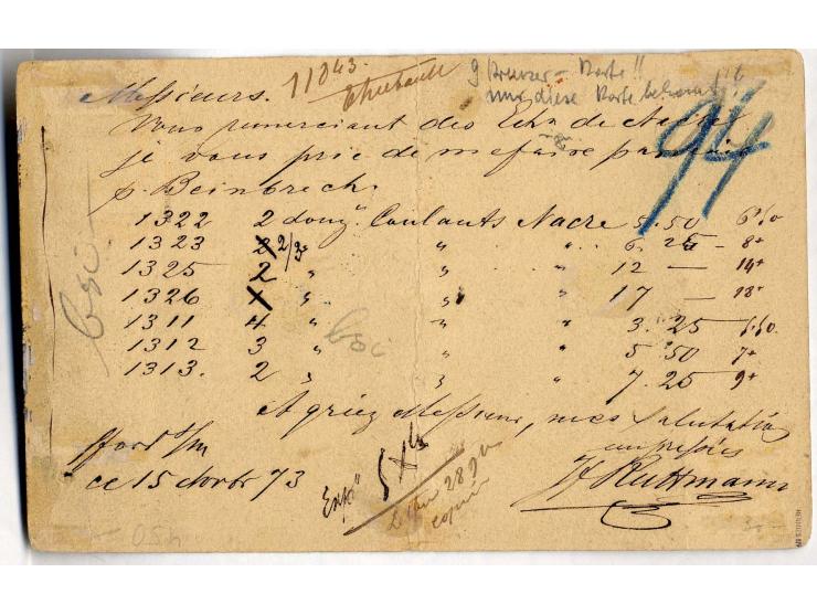 9 Kr. rötlichbraun mit EKr. "FRANKFURT A.M. 15 11 73"  auf amtlichem Postkartenformular nach Frankreich mit rotem Ra. "P.D" u