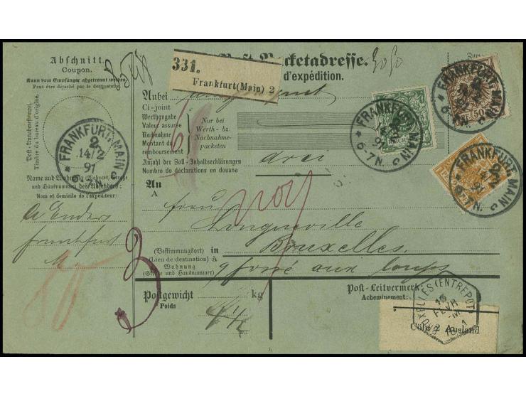 25 Pfg. goldgelb, 50 Pfg. lilabraun und 5 Pfg. grün als portogerechte Frankatur auf kpl. Auslandspaketkarte von "FRANKFURT 14