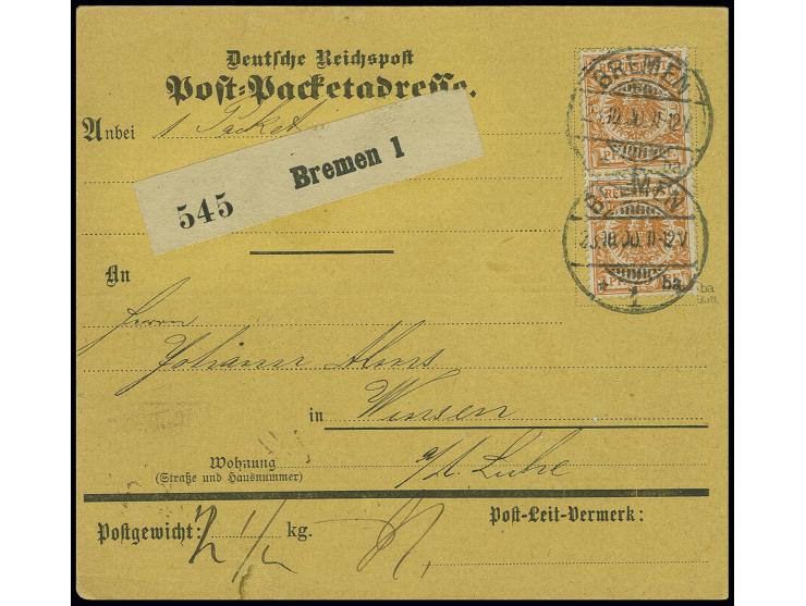 25 Pfg. dunkelorange im senkrechten Paar als portogerechte Mehrfachfrankatur auf Paketkarte von "BREMEN 23.10.00" nach Winsen