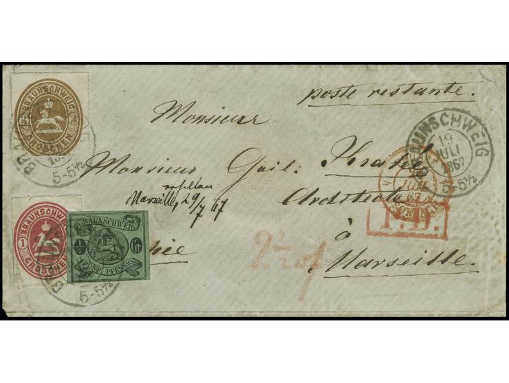 ½ Groschen auf grün, voll- bis breitrandig in Mischfrankatur mit 1865, 1 Silbergroschen rosa und 3 Silbergroschen braun, teil