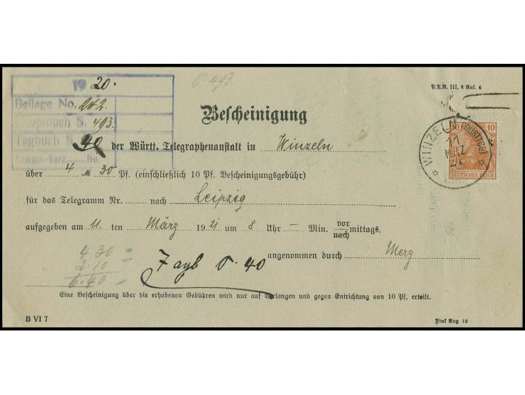 Germania 10 Pfg. mit Stempel "WINZELN 11.MRZ.21" als Gebühr für die Bescheinigung der Telegramm-Gebühren auf entsprechendem F