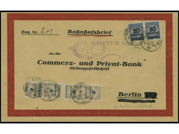 10 Mrd. auf 20 Mio. M. violettultramarin im waagerechten Paar mit 2 senkrechten Paaren 2 Mrd. M. mit Stempel "FÜRTH 20.11.23"