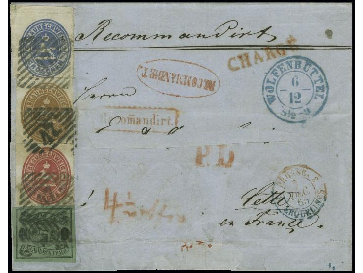 ½ Groschen auf grün in Mischfrankatur mit 1865, 1 Silbergroschen rosa, 2 Silbergroschen blau (linke obere Bogenecke) und 3 Si