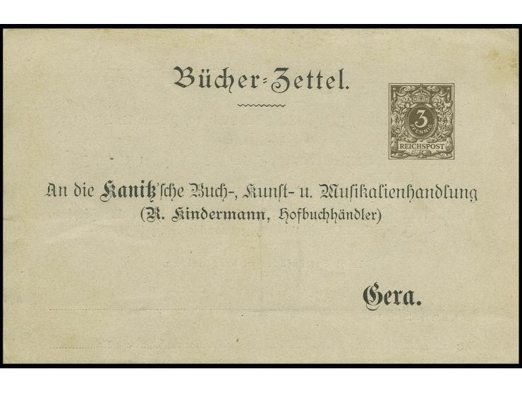 1880 (ca.), Privat-Ganzsachenkarte "Bücher-Zettel" der Kanitz'schen Buch-, Kunst- und Musikalienhandlung in Gera, ungebraucht